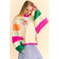 Beige Colorblock Flower Print Cable Knit Loose Sweater - L thumbnail