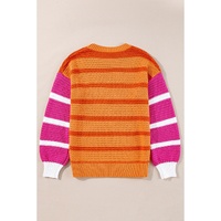 Orange Stripe Colorblock Crew Neck Drop Shoulder Loose Sweater - L thumbnail