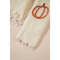 Beige Cable Knit Pumpkin Raw Hem V Neck Loose Sweater - L thumbnail