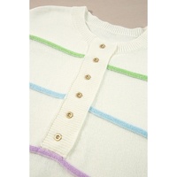White Rainbow Stripes Drop Shoulder Baggy Henley Sweater - S thumbnail
