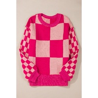 Rose Red Mixed Checkered Pattern Drop Shoulder Loose Sweater - L thumbnail