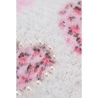 Pink Heart Leopard Print Pearled Ribbed Trim Fuzzy Sweater - L thumbnail