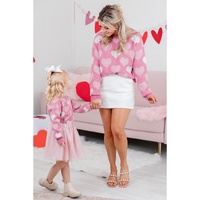 Pink Pearled Heart Print Valentines Crew Neck Sweater - S thumbnail