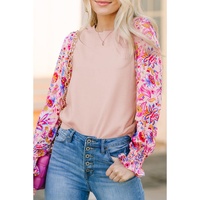 Oatmeal Floral Printed Patchwork Smocked Lantern Sleeve Knit Top - L thumbnail
