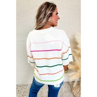 White Colorblock Striped Half Sleeve Drop Shoulder Sweater - L thumbnail
