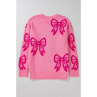 Pink Bow Pattern Drop Shoulder Loose Sweater - M thumbnail