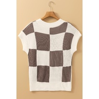 Khaki Checkered Color Block Crew Neck Short Sleeve Sweater - L thumbnail