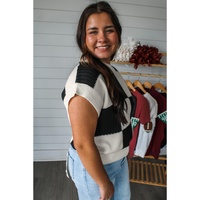 Black Checkered Color Block Crew Neck Short Sleeve Sweater - XL thumbnail