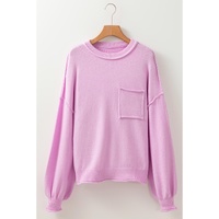 Pink Raw Edge Ribbed Detail Drop Shoulder Sweater - L thumbnail