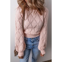 Gossamer Pink Openwork Plaid Puff Sleeve Cropped Sweater - L thumbnail