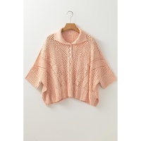 Apricot Pink Hollowed Knit 3/4 Dolman Sleeve Buttoned Collared Sweater - L thumbnail