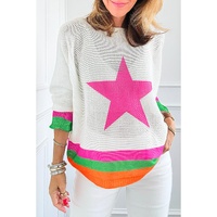 White Star Pattern Colorblock Striped Edge Drop Shoulder Sweater - M thumbnail