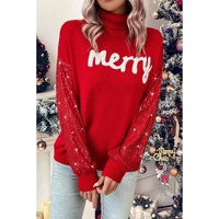 Racing Red Merry Graphic Sequin Sleeves Christmas Turtleneck Sweater - S thumbnail