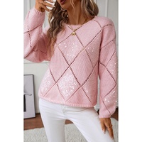 Light Pink Hollowed Rhombus Pattern Sequin Detail Round Neck Sweater - L thumbnail