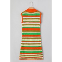 Yellow Stripe Eyelet Sleeveless Buttoned Split Neck Sweater Dress - L thumbnail