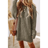 Mist Green Cable Knit Drop Shoulder Loose Fit Sweater Dress - L thumbnail