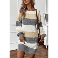 Gray Stripe Colorblock Bubble Sleeve Drop Shoulder Sweater Dress - S thumbnail