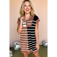 Black Stripe Color Block Quarter Zip Collar Short Sleeve Sweater Dress - L thumbnail