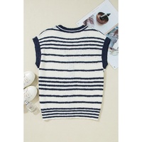 Blue Stripe Loose Buttoned V Neck Sweater Vest - M thumbnail