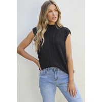 Black Solid Color Cable Knit High Neck Sweater Vest - L thumbnail