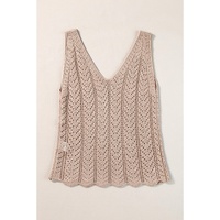 Pale Khaki Scalloped Hem V Neck Crochet Knit Vest - M thumbnail
