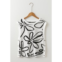 White Button Sides Sleeveless Floral Knitted Top - M thumbnail