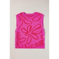 Bright Pink Button Sides Sleeveless Floral Knitted Top - L thumbnail