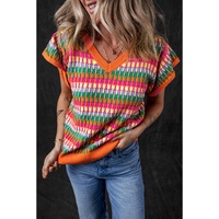 Orange Multicolor Flutter Sleeve Knitted Sweater Top - M thumbnail