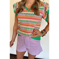 Green Multi Flutter Sleeve Knitted Sweater Top - M thumbnail