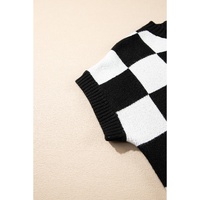 Color black Colorblock Plaid Pattern Ribbed Trim Sweater Tank Top - S thumbnail