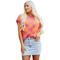 Strawberry Pink Colorblock Plaid Pattern Ribbed Trim Sweater Tank Top - L thumbnail