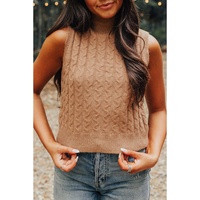 Light French Beige Solid Color Cable Knit High Neck Tank Top - S thumbnail
