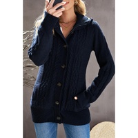 Navy Blue Long Sleeve Button-up Hooded Cardigans - 2XL thumbnail