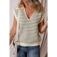 Beige Stripe Turn-down V Neck Sweater Tank Top - XL thumbnail