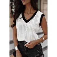 White Contrast Trim Eyelet Knit Colorblock V Neck Sweater Vest - L thumbnail