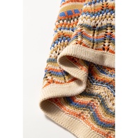 Brown Stripe Eyelet Crochet Round Neck Sweater Vest - L thumbnail