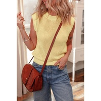 Yellow Solid Color Hollowed Knit Round Neck Sweater Vest - L thumbnail
