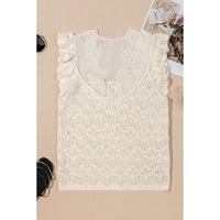 Beige Embroidered Patchwork Hollow Out Knitted Ruffle Sweater Vest - XL thumbnail