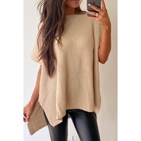 Apricot Short Sleeve Side Slit Oversized Sweater - S thumbnail