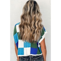 Dark Blue Color Block Cap Sleeve Sweater - L thumbnail