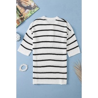 White Stripe Henley Buttoned Placket Drop Shoulder Bracelet Sleeve Knit Sweater Tee - L thumbnail