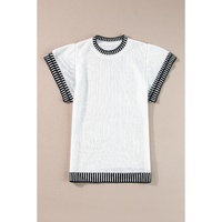 White Contrast Trim Round Neck Batwing Sleeve Knitted Top - L thumbnail