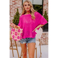 Rose Red Pointelle Knit Scallop Edge Short Sleeve Top - L thumbnail