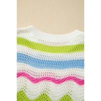 White Colorblock Crochet Knit Ruffled Short Sleeve Sweater Top - L thumbnail
