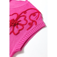 Bright Pink Flower Embroidery Short Sleeve Knitwear Top - XL thumbnail