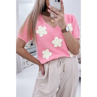Pink Flower Crochet V Neck Short Sleeve Sweater - M thumbnail