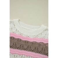 Brown Stripe Color Block Hollow Out Crochet Half Sleeve Sweater - L thumbnail