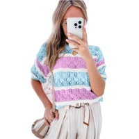Purple Stripe Color Block Hollow Out Crochet Half Sleeve Sweater - L thumbnail