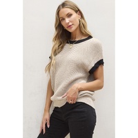 Light French Beige Contrast Trim Round Neck Batwing Sleeve Sweater Top - XL thumbnail