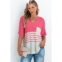 Strawberry Pink Contrast Stripes V Neck Knitted Short Sleeve Top - M thumbnail